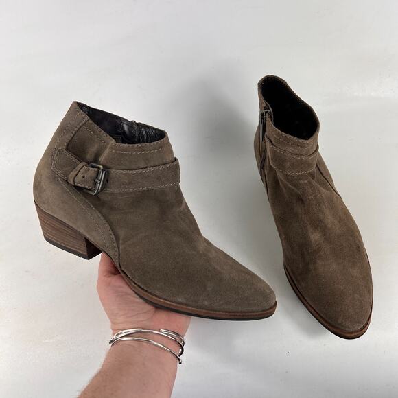Aquatalia buckle booties women's size 7 tan suede minimalist stacked heel shoes - Picture 1 of 11